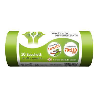 SACCO RACCOLTA DIFFERENZIATA VERDE CM.70X110 10PZ CON LACCET